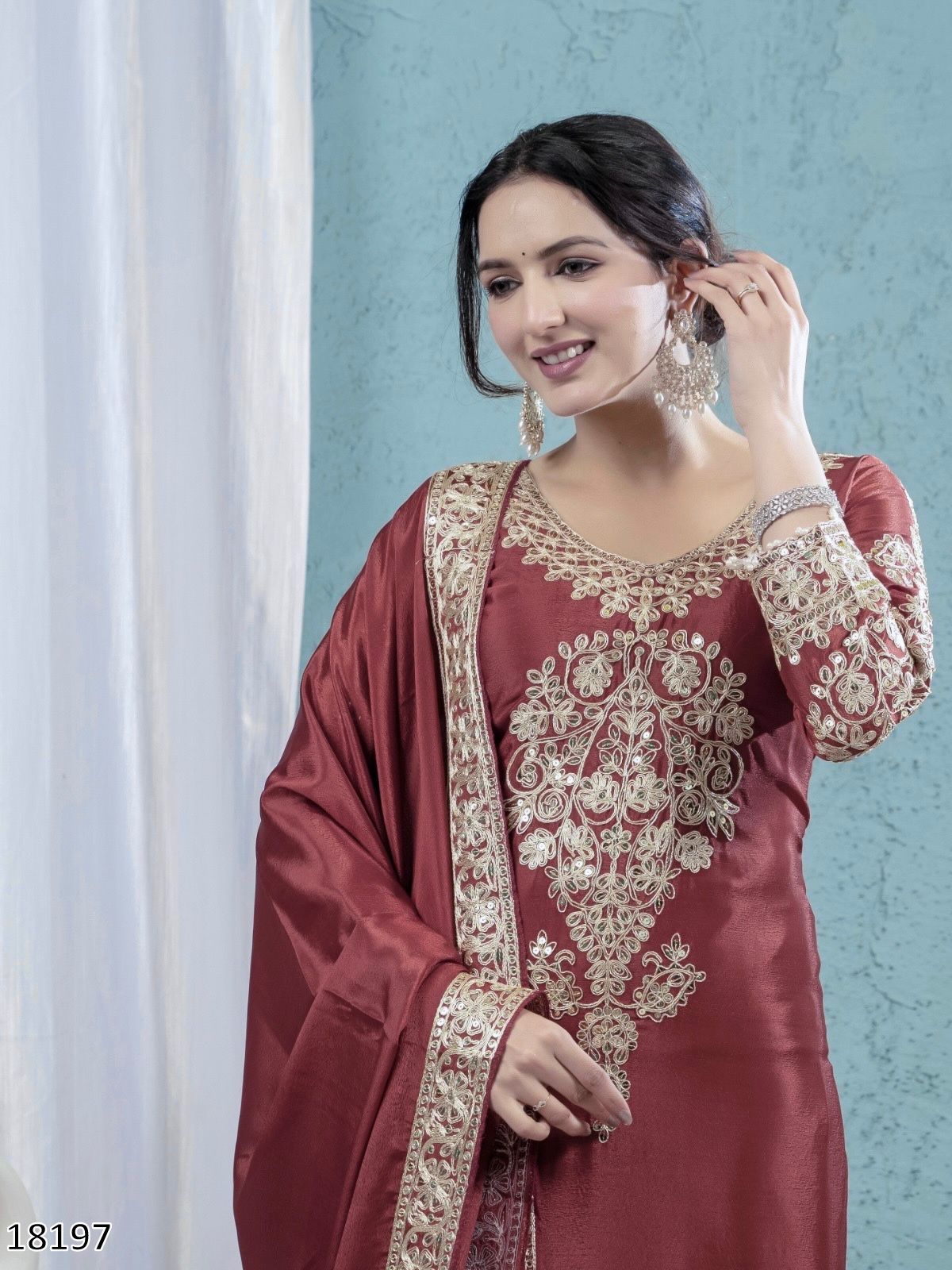 Premium Designer Chinnon Silk Top–Pant–Dupatta Set