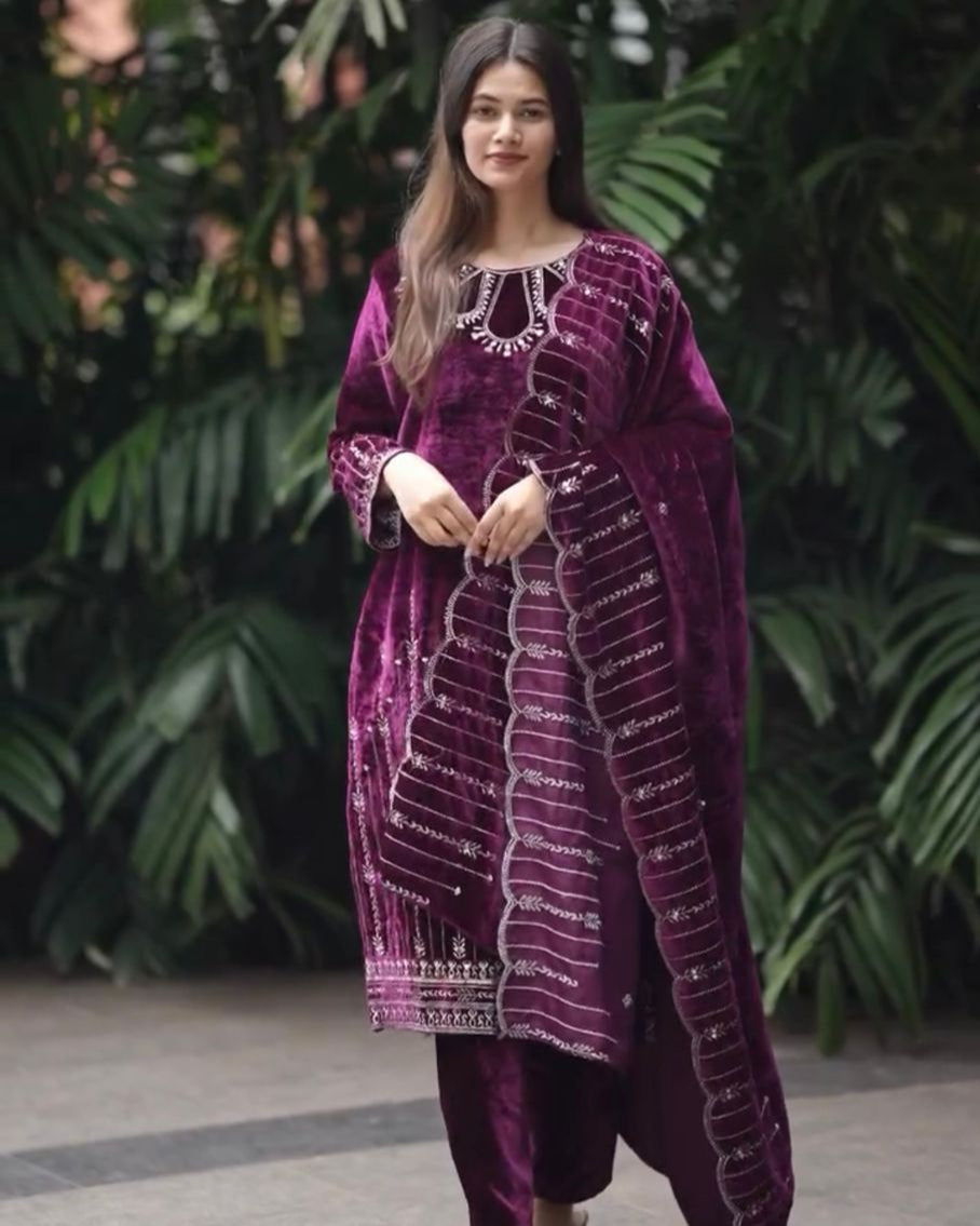Heavy Velvet Party Wear Suit – Embroidered Top, Dupatta & Fully Stitched Bottom Set