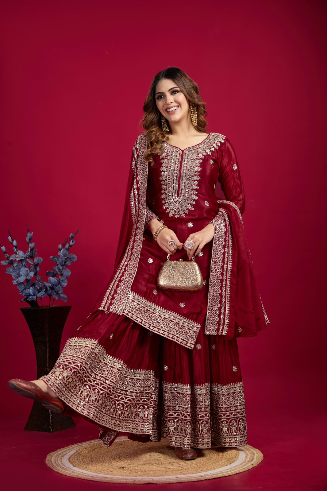 Chinnon Silk Sharara Suit Set – Embroidered Top, Plazo & Dupatta