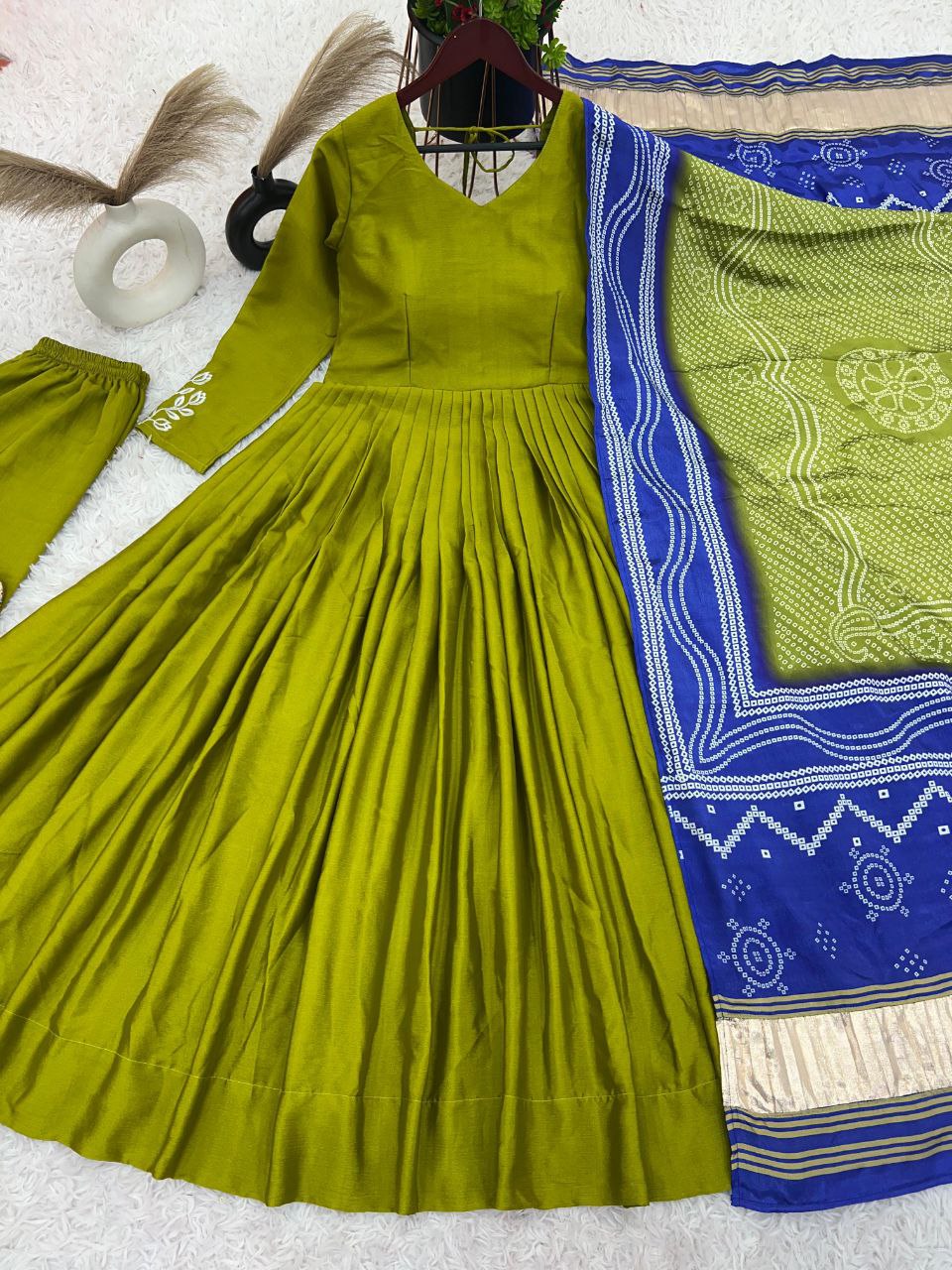 Designer Chinnon Silk Gown Set β Embroidered Top, Plazzo & Dupatta
