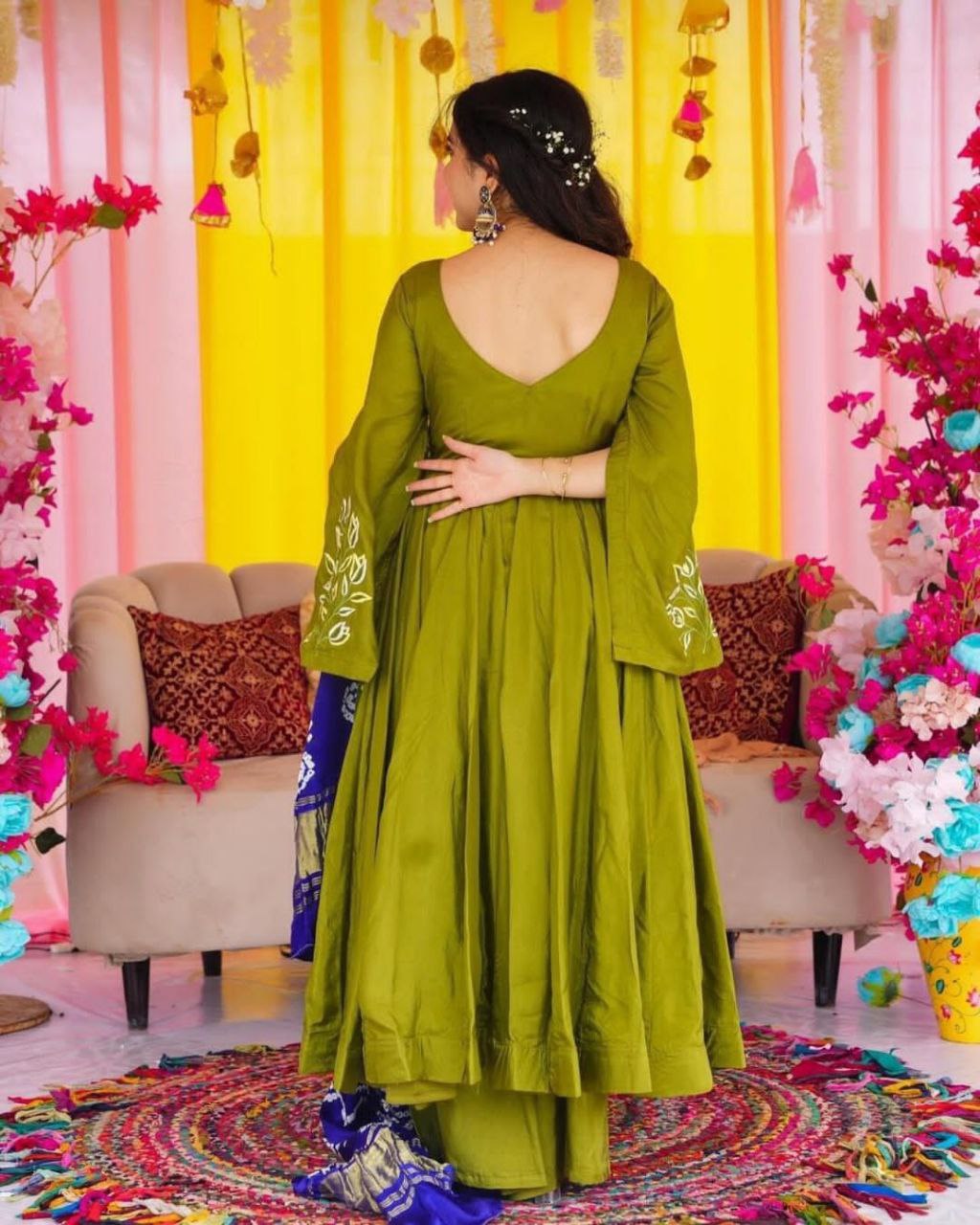 Designer Chinnon Silk Gown Set β Embroidered Top, Plazzo & Dupatta