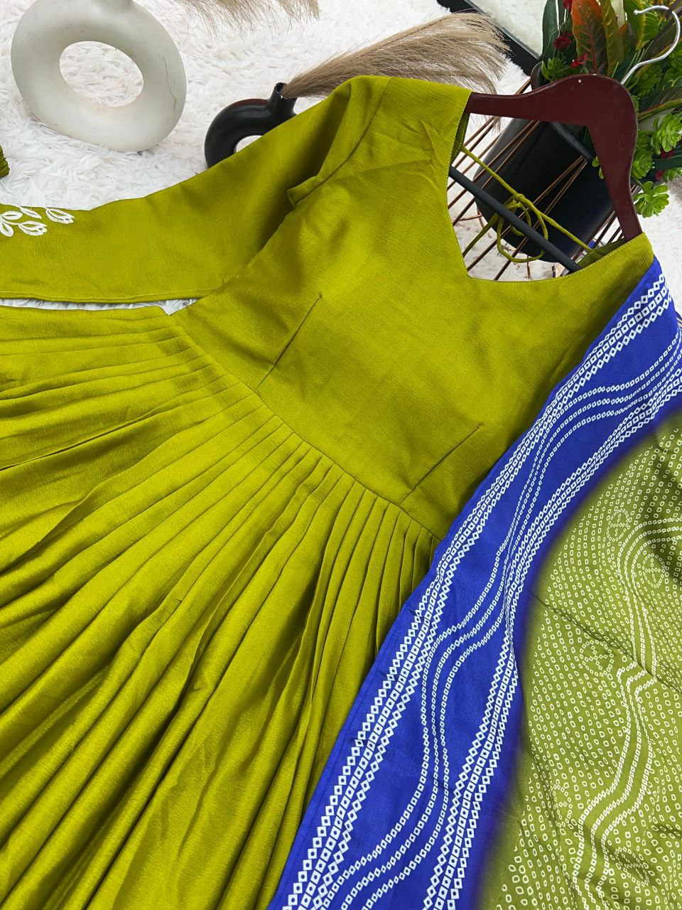 Designer Chinnon Silk Gown Set β Embroidered Top, Plazzo & Dupatta