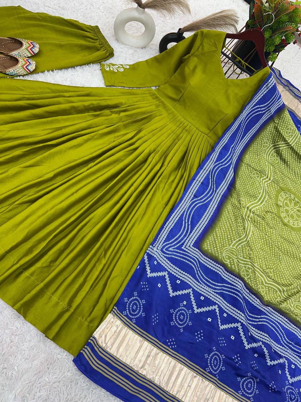 Designer Chinnon Silk Gown Set β Embroidered Top, Plazzo & Dupatta