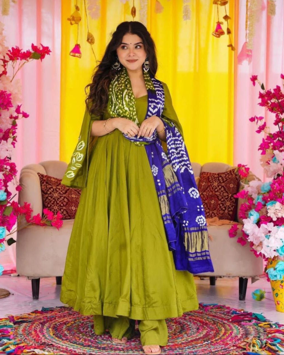 Designer Chinnon Silk Gown Set β Embroidered Top, Plazzo & Dupatta