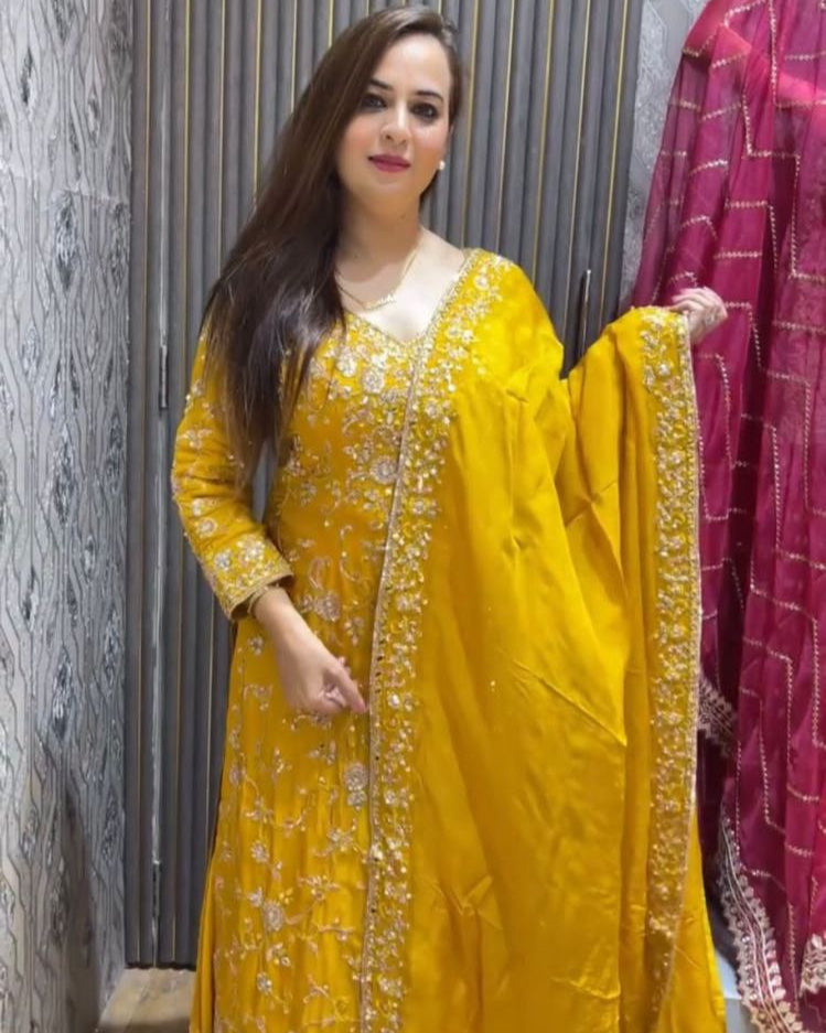 Pakistani Vichitra Silk Sharara Set with Embroidered Mirror Work Dupatta