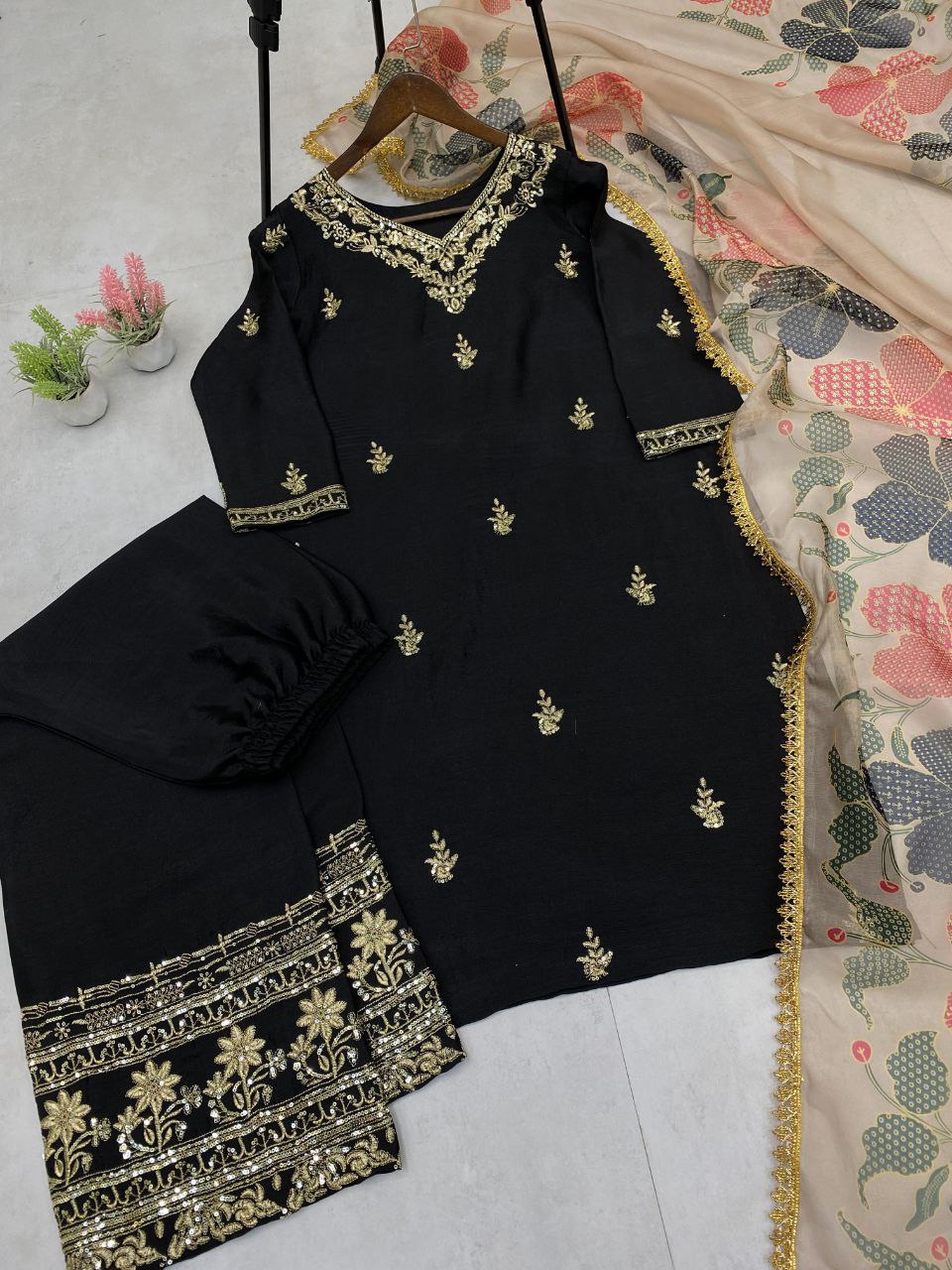 Designer Chinon Suit with Embroidered Pant & Printed Organza Dupatta