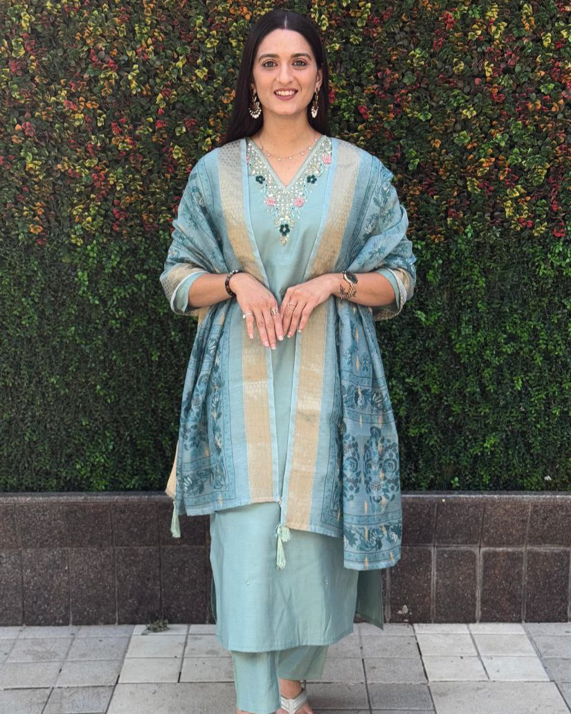 Premium Roman Silk Kurti Pant Set with Chanderi Jacquard Dupatta