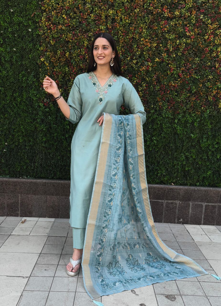 Premium Roman Silk Kurti Pant Set with Chanderi Jacquard Dupatta