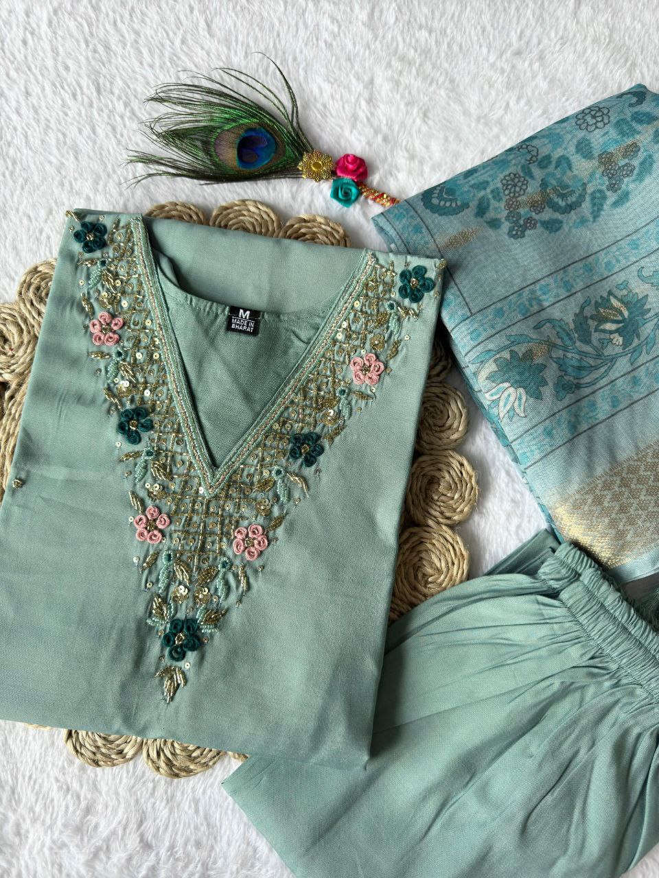 Premium Roman Silk Kurti Pant Set with Chanderi Jacquard Dupatta