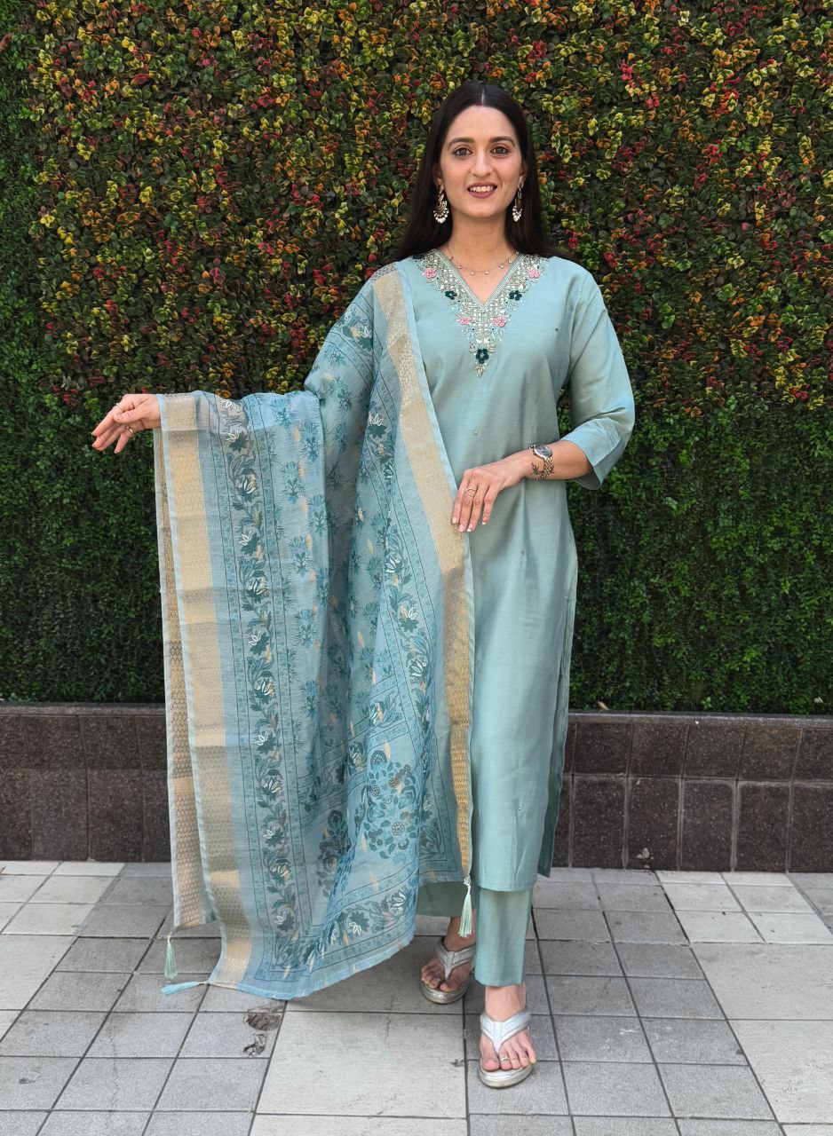 Premium Roman Silk Kurti Pant Set with Chanderi Jacquard Dupatta