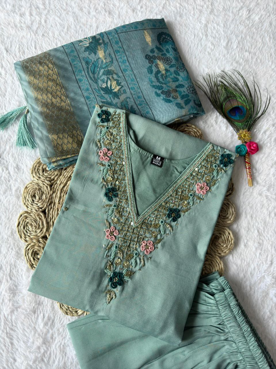 Premium Roman Silk Kurti Pant Set with Chanderi Jacquard Dupatta
