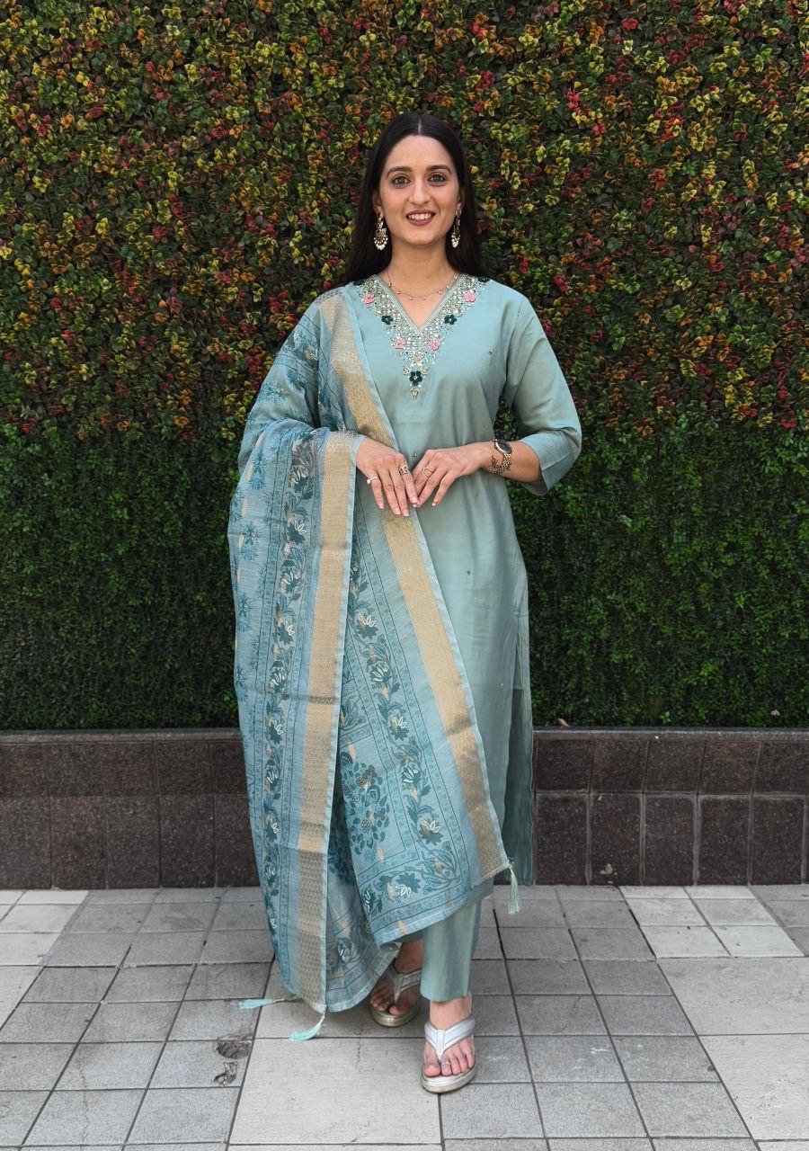 Premium Roman Silk Kurti Pant Set with Chanderi Jacquard Dupatta
