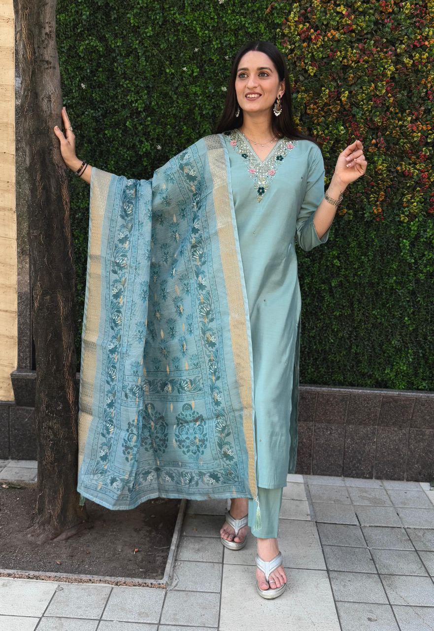 Premium Roman Silk Kurti Pant Set with Chanderi Jacquard Dupatta