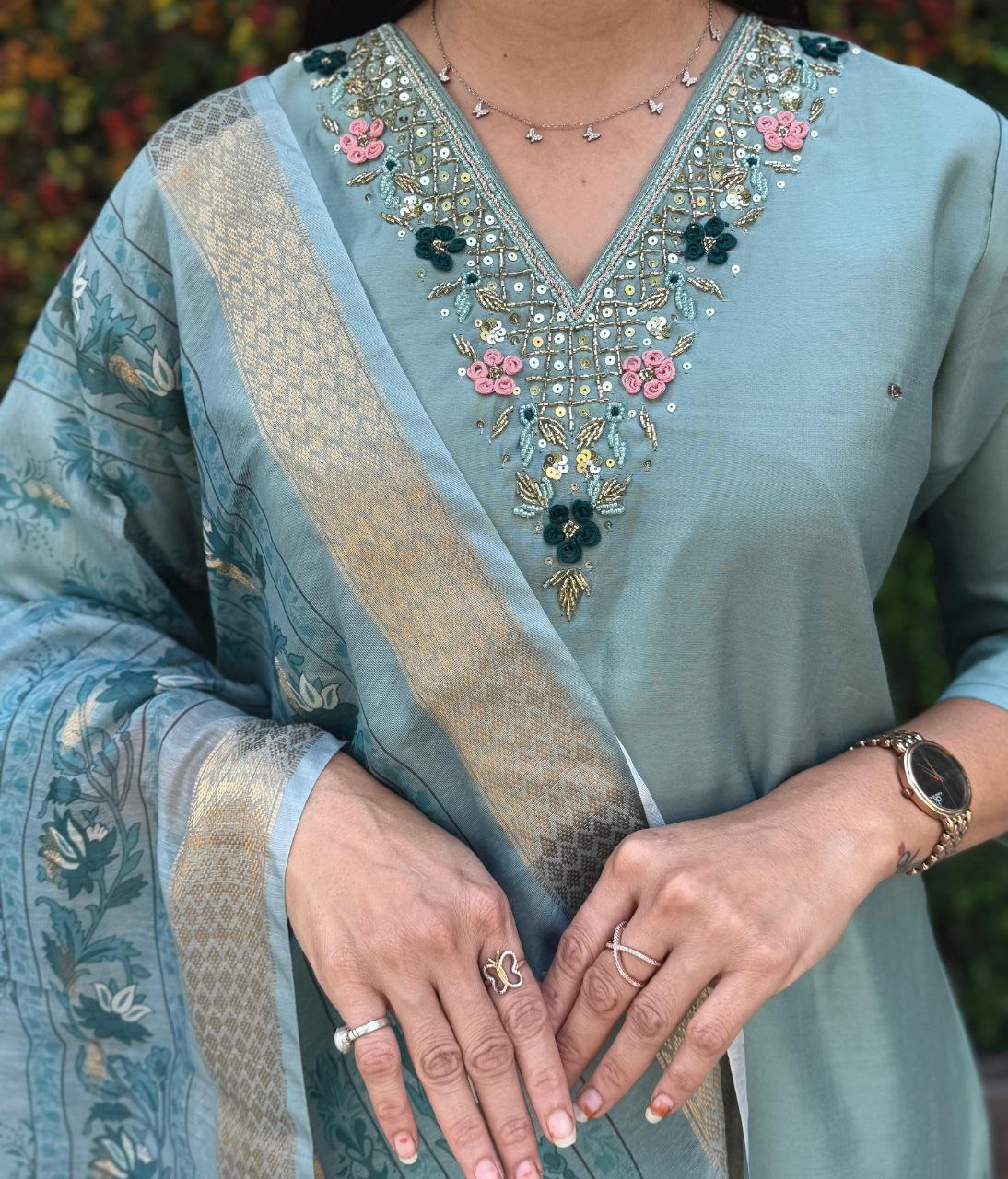 Premium Roman Silk Kurti Pant Set with Chanderi Jacquard Dupatta