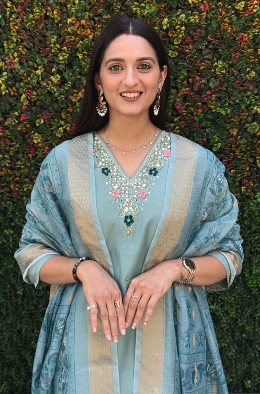 Premium Roman Silk Kurti Pant Set with Chanderi Jacquard Dupatta
