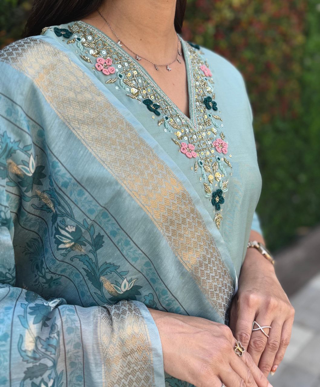 Premium Roman Silk Kurti Pant Set with Chanderi Jacquard Dupatta