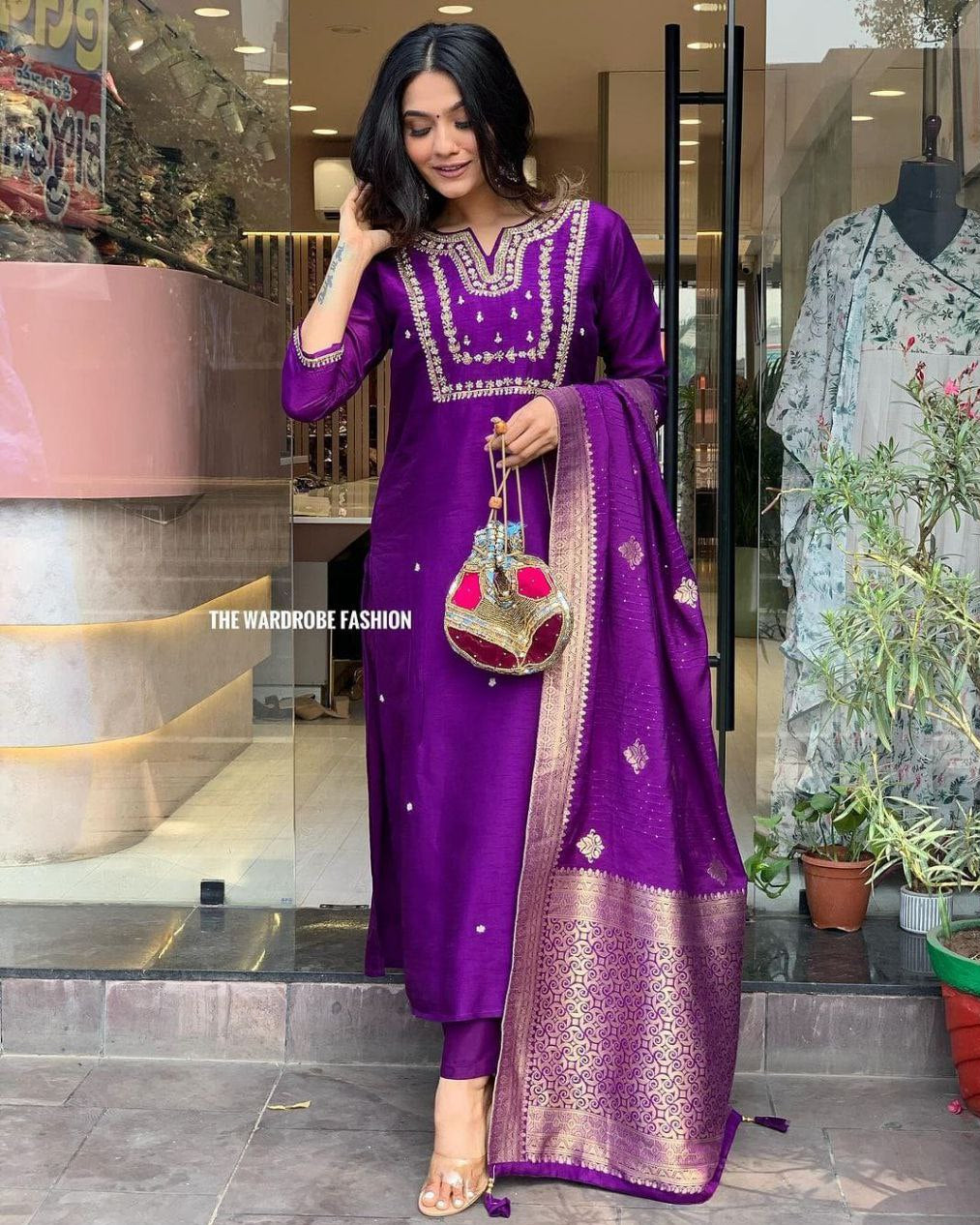 Heavy Chanderi Silk Embroidered Suit Set with Matching Dupatta & Jumka