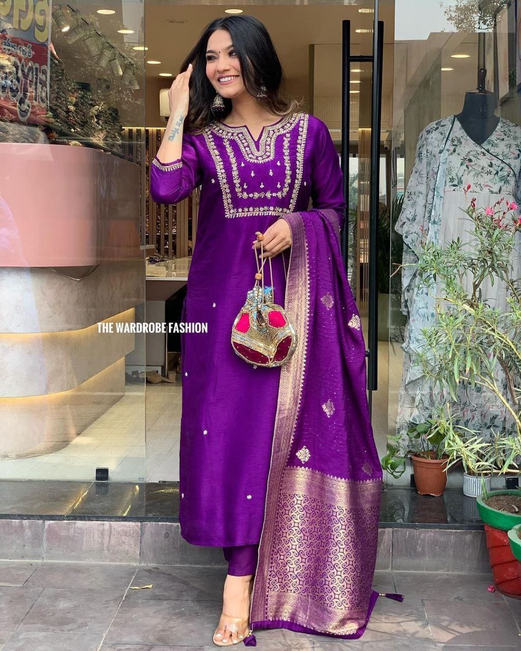 Heavy Chanderi Silk Embroidered Suit Set with Matching Dupatta & Jumka