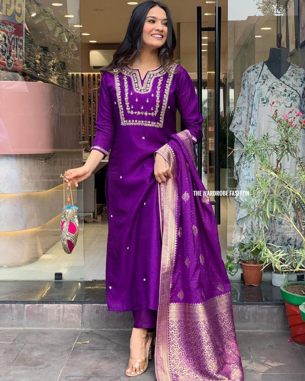 Heavy Chanderi Silk Embroidered Suit Set with Matching Dupatta & Jumka