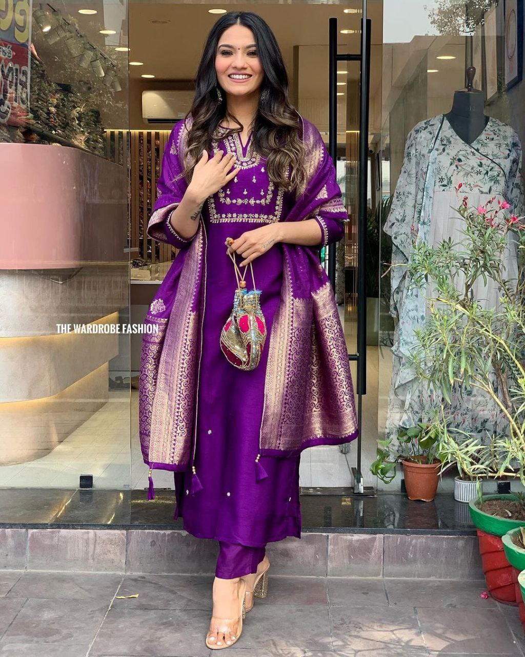 Heavy Chanderi Silk Embroidered Suit Set with Matching Dupatta & Jumka