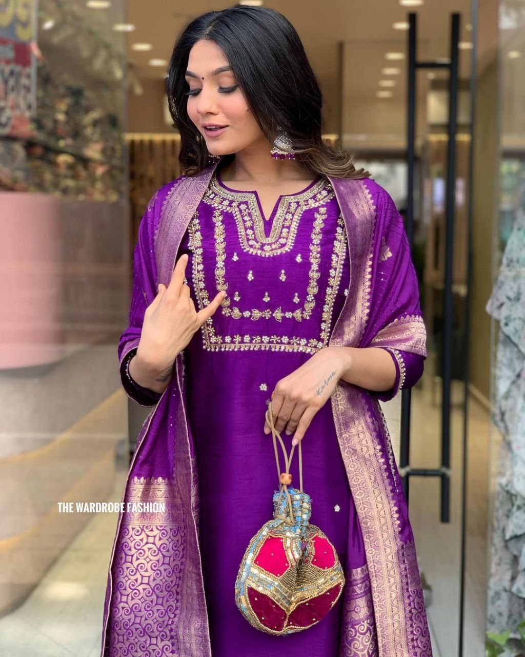 Heavy Chanderi Silk Embroidered Suit Set with Matching Dupatta & Jumka