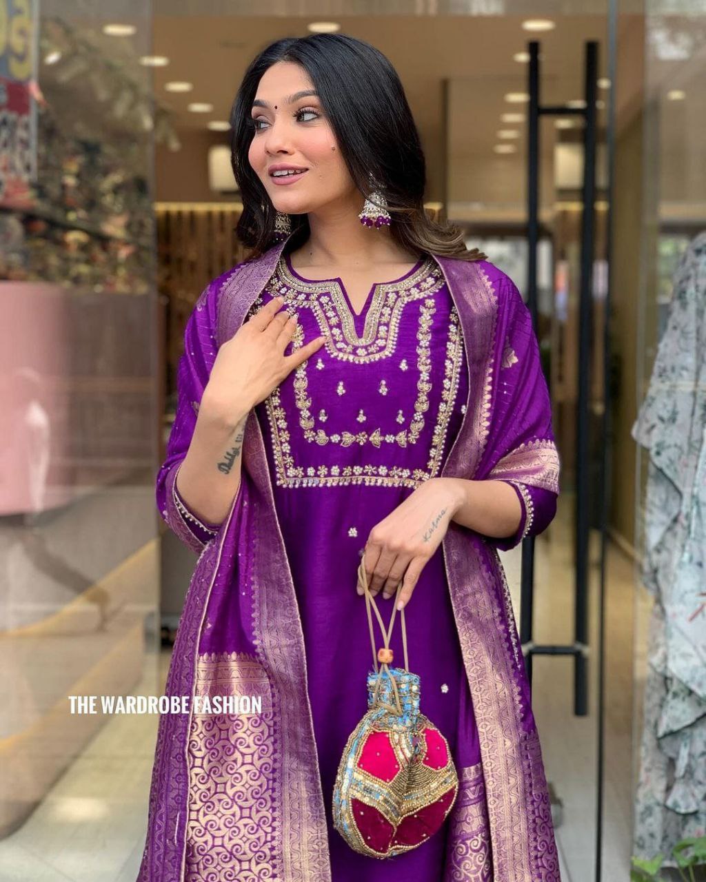 Heavy Chanderi Silk Embroidered Suit Set with Matching Dupatta & Jumka