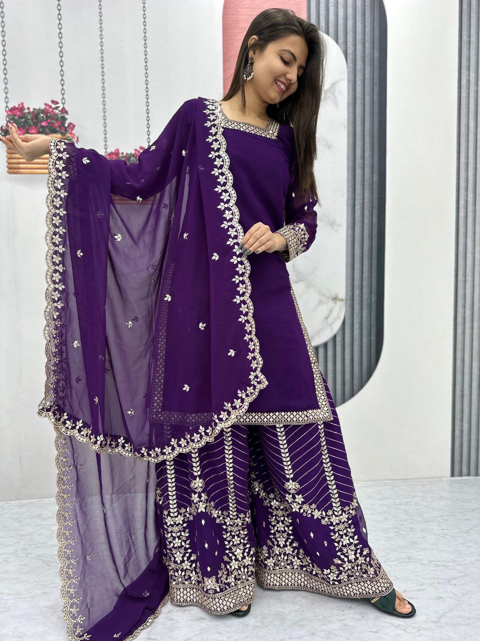 Designer Palazzo Set with Dupatta | Heavy Sequins Embroidery | Fox Georgette