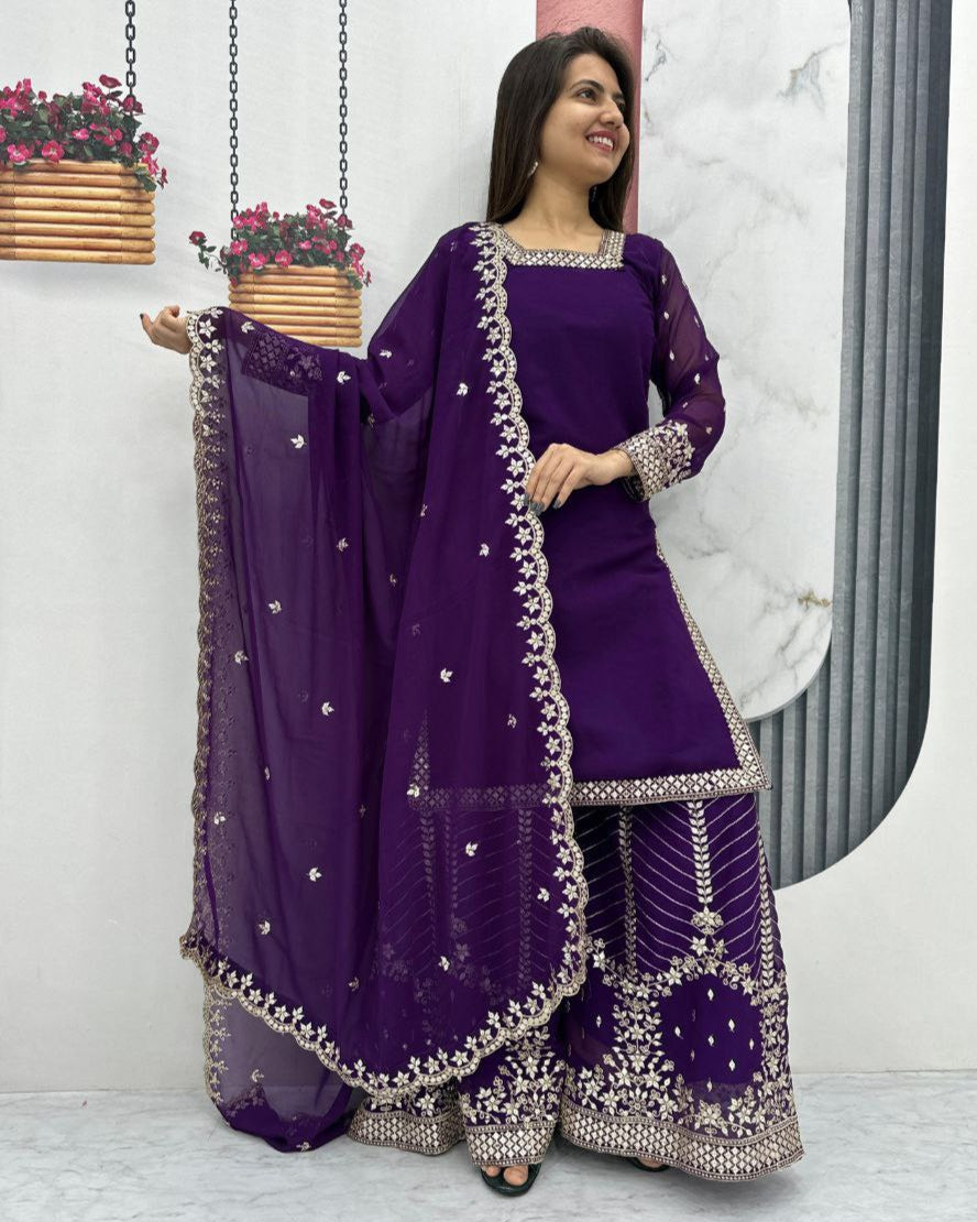 Designer Palazzo Set with Dupatta | Heavy Sequins Embroidery | Fox Georgette