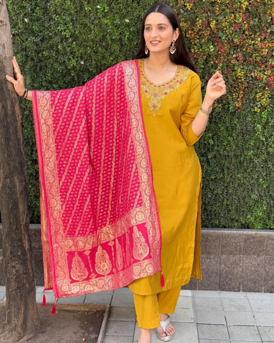 Designer Yellow Kurti Pant Dupatta Set | Premium Roman Silk | Handwork Embroidery