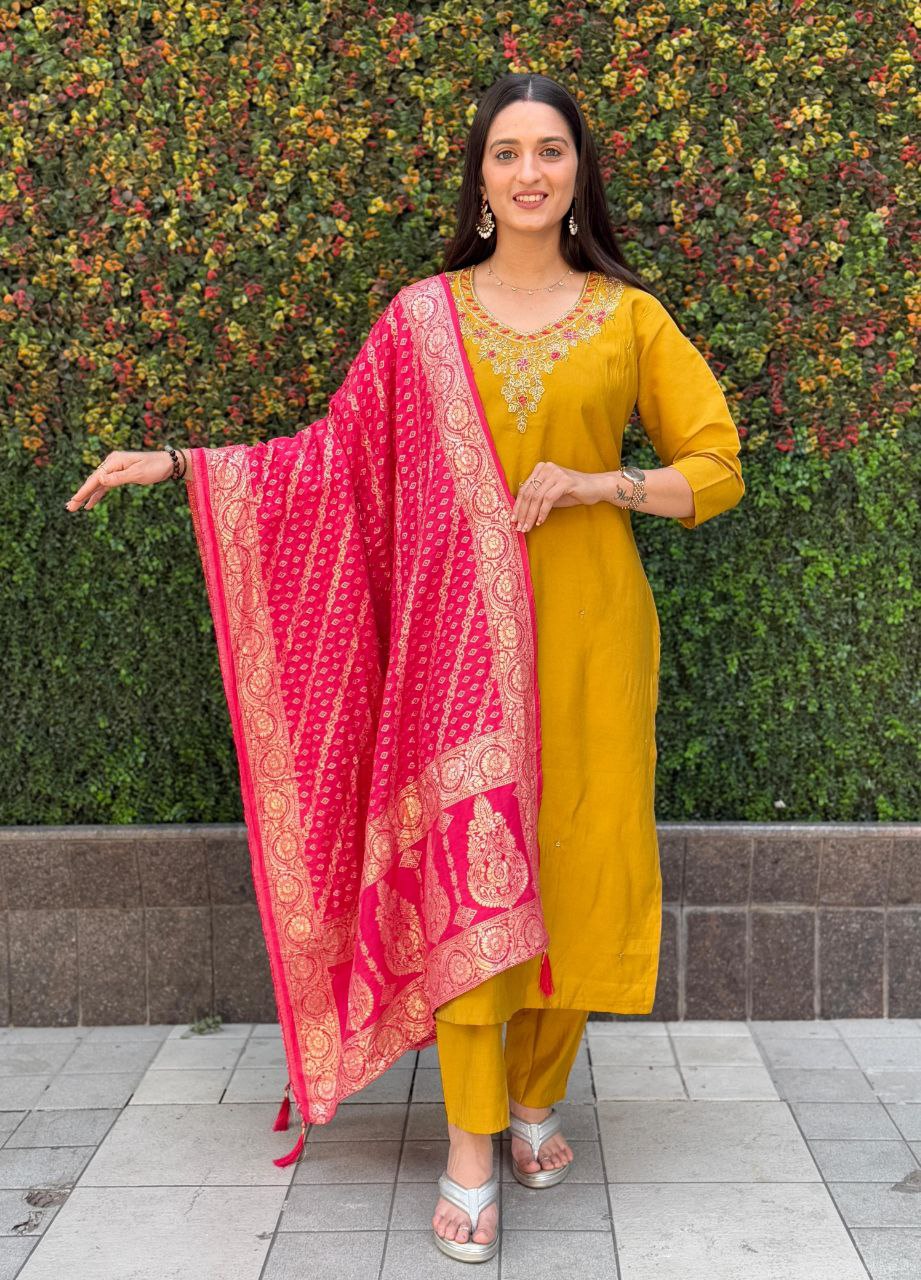 Designer Yellow Kurti Pant Dupatta Set | Premium Roman Silk | Handwork Embroidery