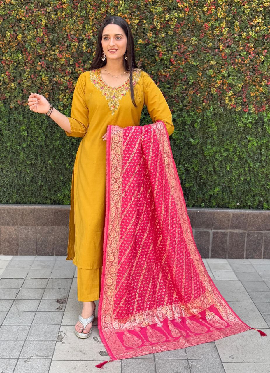 Designer Yellow Kurti Pant Dupatta Set | Premium Roman Silk | Handwork Embroidery
