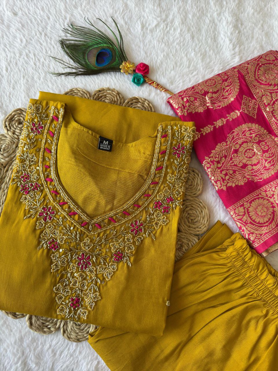 Designer Yellow Kurti Pant Dupatta Set | Premium Roman Silk | Handwork Embroidery