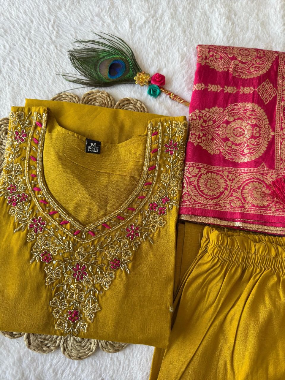 Designer Yellow Kurti Pant Dupatta Set | Premium Roman Silk | Handwork Embroidery