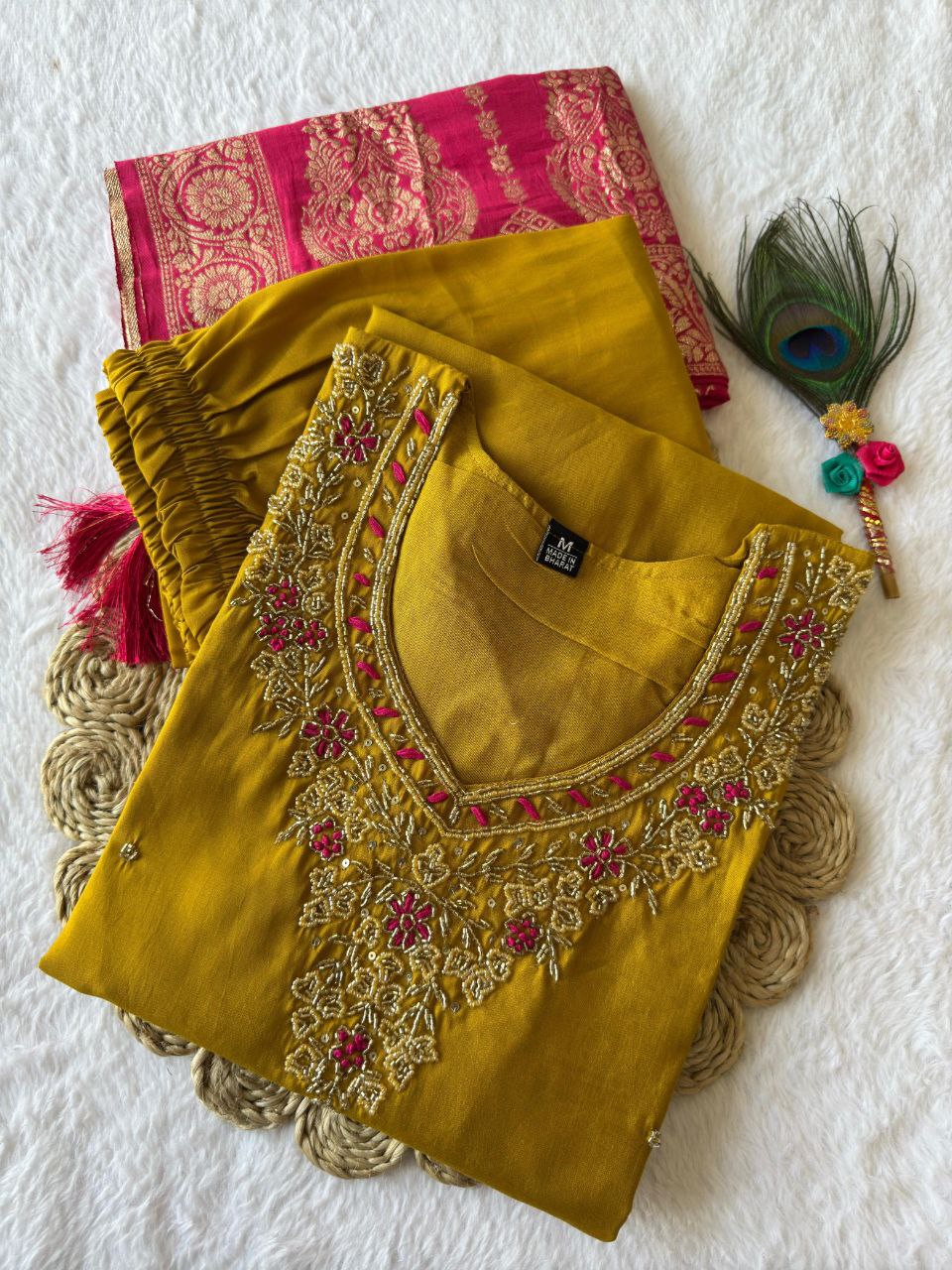 Designer Yellow Kurti Pant Dupatta Set | Premium Roman Silk | Handwork Embroidery