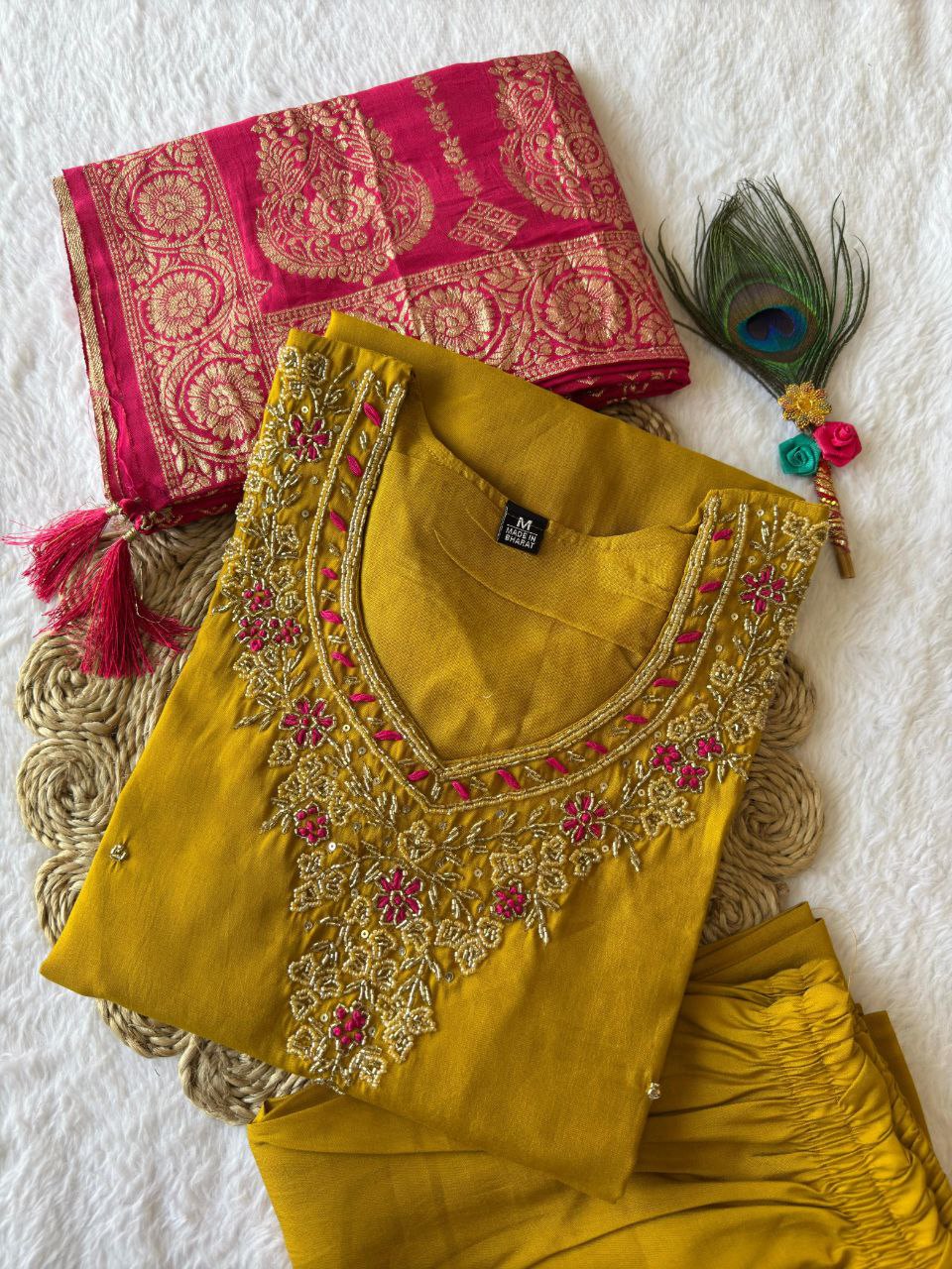 Designer Yellow Kurti Pant Dupatta Set | Premium Roman Silk | Handwork Embroidery