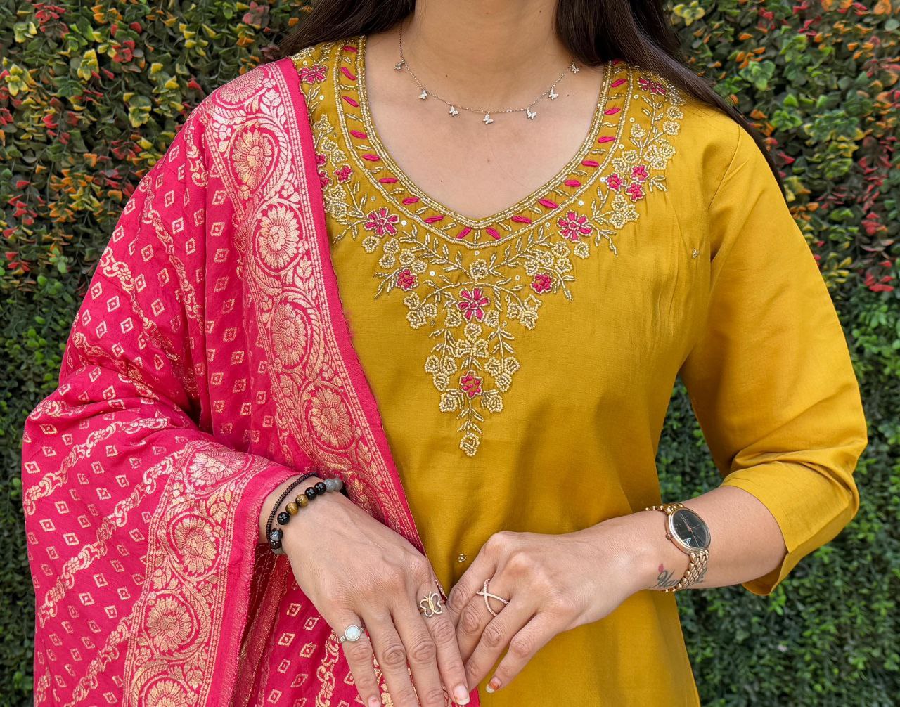 Designer Yellow Kurti Pant Dupatta Set | Premium Roman Silk | Handwork Embroidery