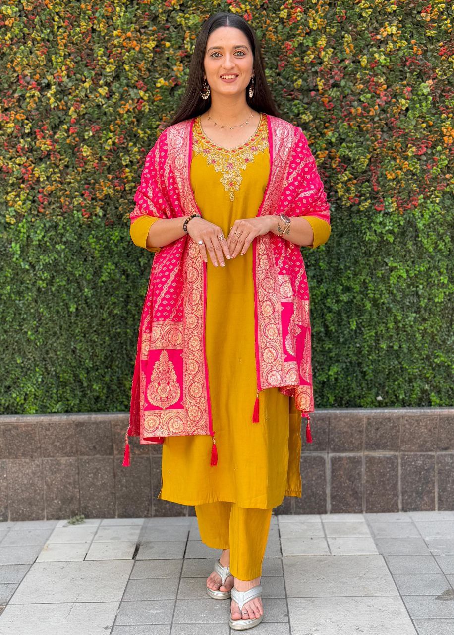 Designer Yellow Kurti Pant Dupatta Set | Premium Roman Silk | Handwork Embroidery