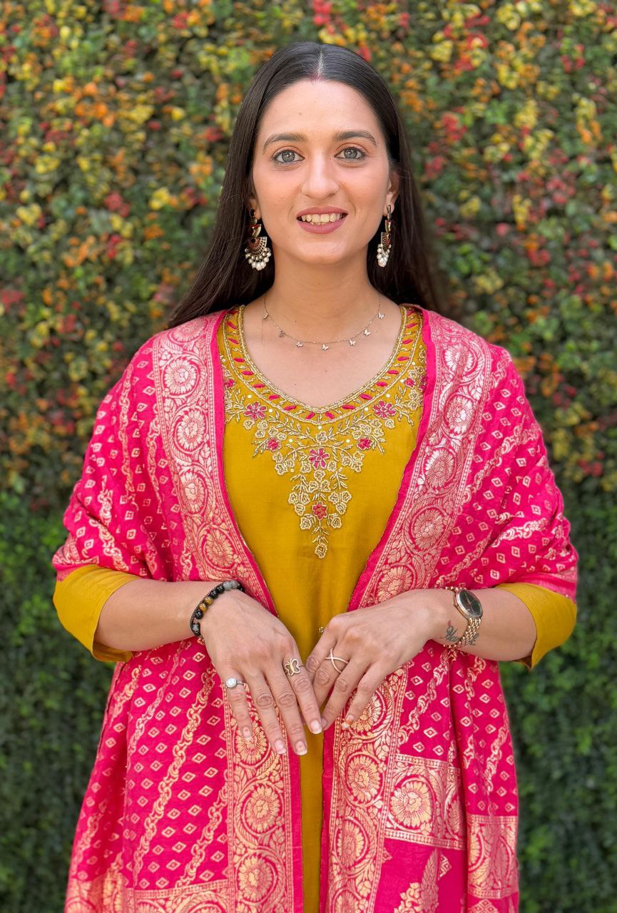 Designer Yellow Kurti Pant Dupatta Set | Premium Roman Silk | Handwork Embroidery