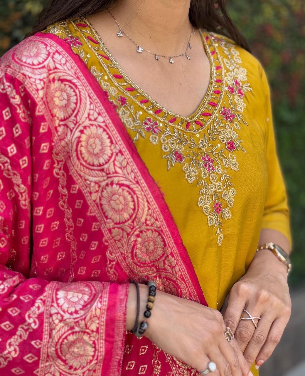 Designer Yellow Kurti Pant Dupatta Set | Premium Roman Silk | Handwork Embroidery