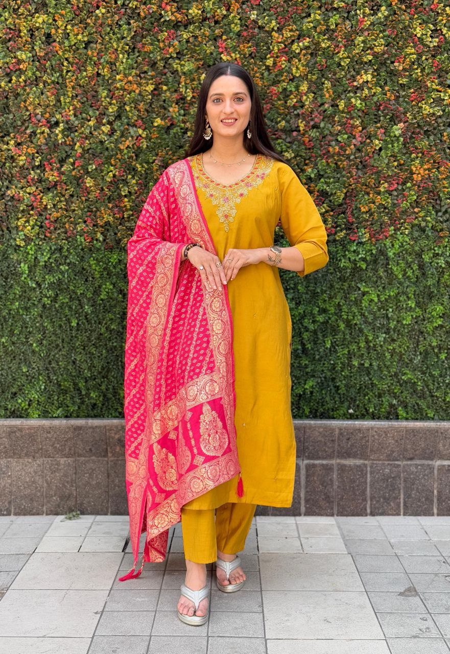 Designer Yellow Kurti Pant Dupatta Set | Premium Roman Silk | Handwork Embroidery