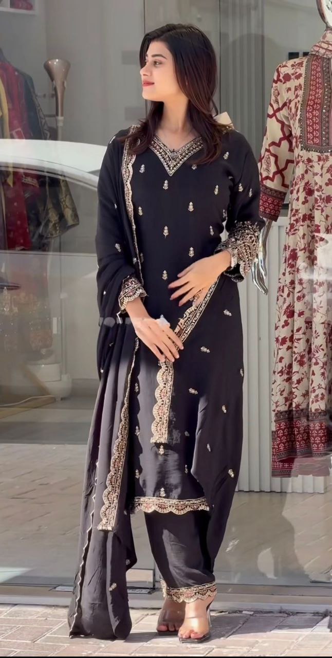 Designer Chinnon Silk Black Top-Plazo Dupatta Set | Heavy Embroidery & Sequins