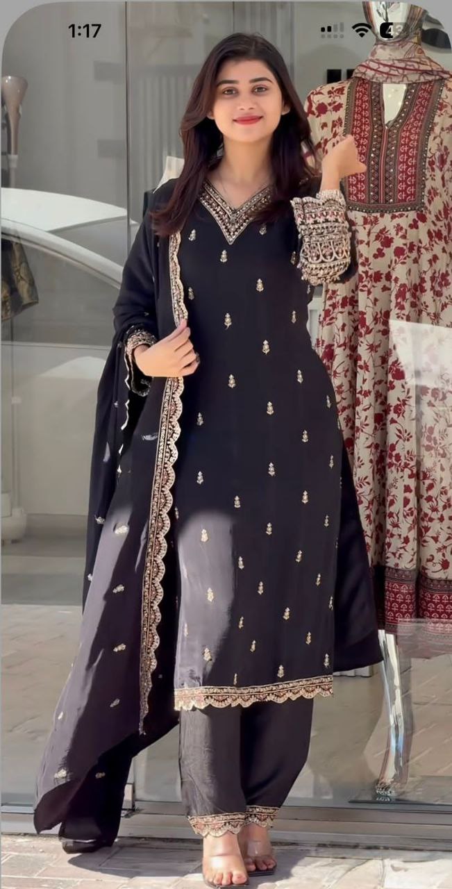 Designer Chinnon Silk Black Top-Plazo Dupatta Set | Heavy Embroidery & Sequins