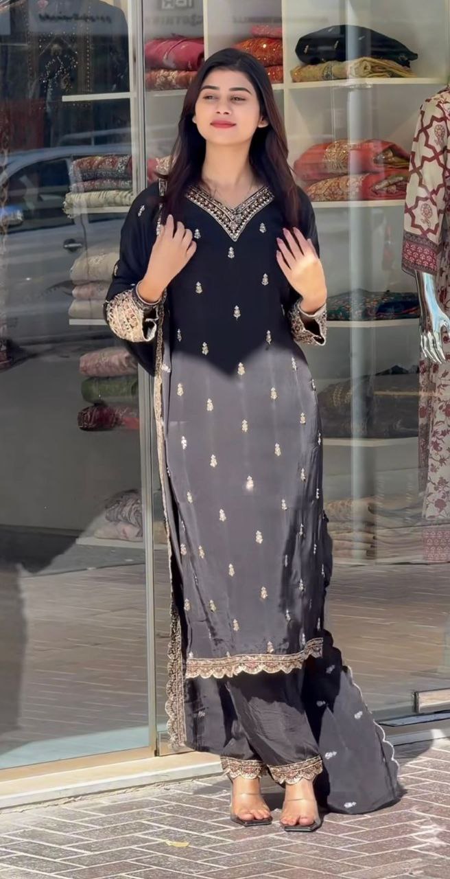 Designer Chinnon Silk Black Top-Plazo Dupatta Set | Heavy Embroidery & Sequins