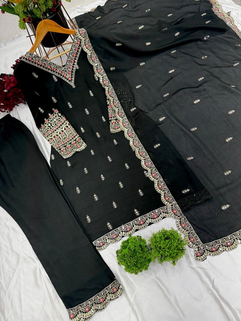 Designer Chinnon Silk Black Top-Plazo Dupatta Set | Heavy Embroidery & Sequins