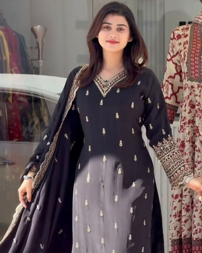 Designer Chinnon Silk Black Top-Plazo Dupatta Set | Heavy Embroidery & Sequins
