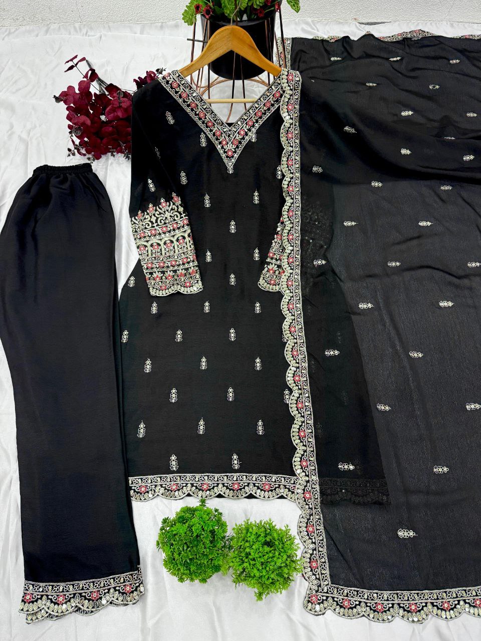 Designer Chinnon Silk Black Top-Plazo Dupatta Set | Heavy Embroidery & Sequins