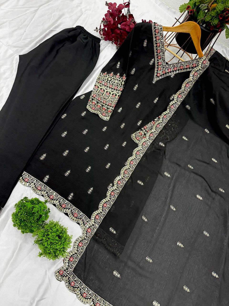 Designer Chinnon Silk Black Top-Plazo Dupatta Set | Heavy Embroidery & Sequins