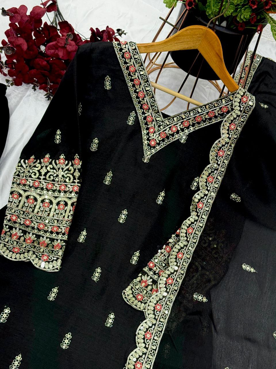 Designer Chinnon Silk Black Top-Plazo Dupatta Set | Heavy Embroidery & Sequins