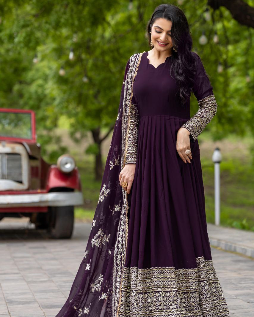 Designer Party Wear Gown with Dupatta | Heavy Embroidery & Sequence Work