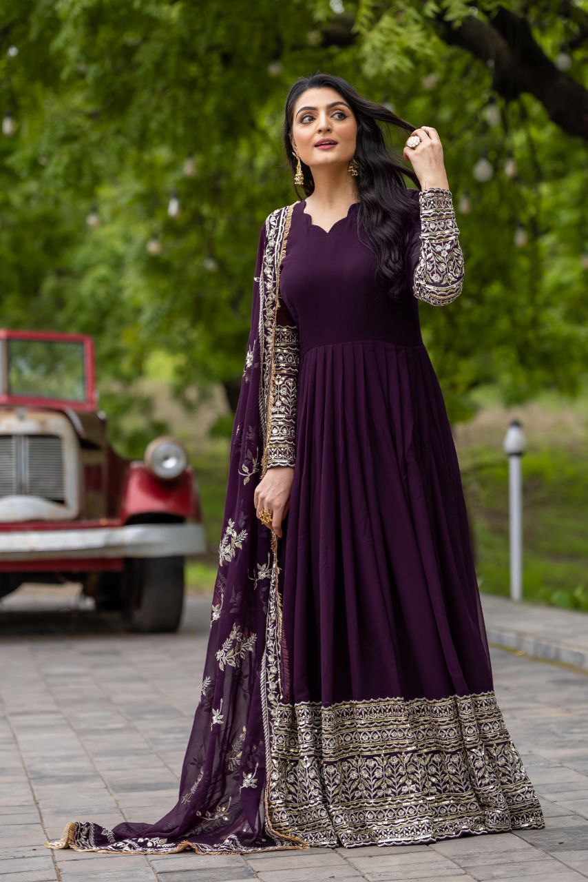 Designer Party Wear Gown with Dupatta | Heavy Embroidery & Sequence Work